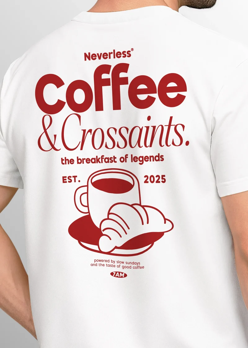 Herren T-Shirt Backprint Grafikshirt Rückendruck Coffee Croissant Kaffeeliebhaber Fashion Streetstyle