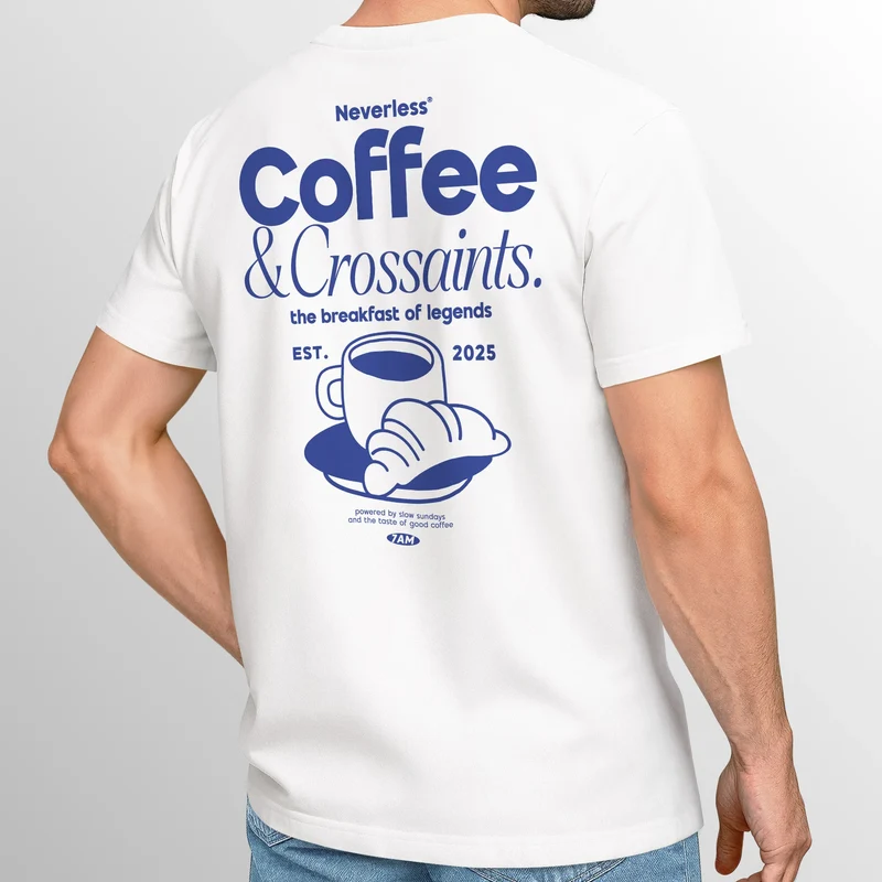 Herren T-Shirt Backprint Grafikshirt Rückendruck Coffee Croissant Kaffeeliebhaber Fashion Streetstyle