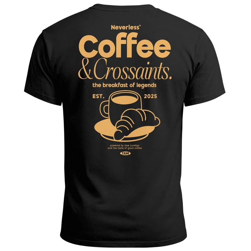 Herren T-Shirt Backprint Grafikshirt Rückendruck Coffee Croissant Kaffeeliebhaber Fashion Streetstyle