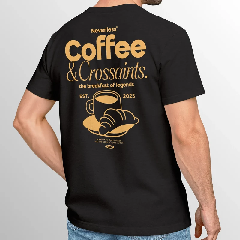 Herren T-Shirt Backprint Grafikshirt Rückendruck Coffee Croissant Kaffeeliebhaber Fashion Streetstyle
