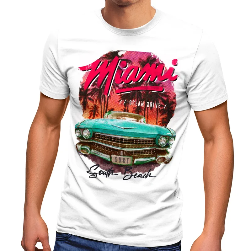 Herren T-Shirt Miami Ocean Drive South Beach Oldtimer Retro Fashion Streetstyle