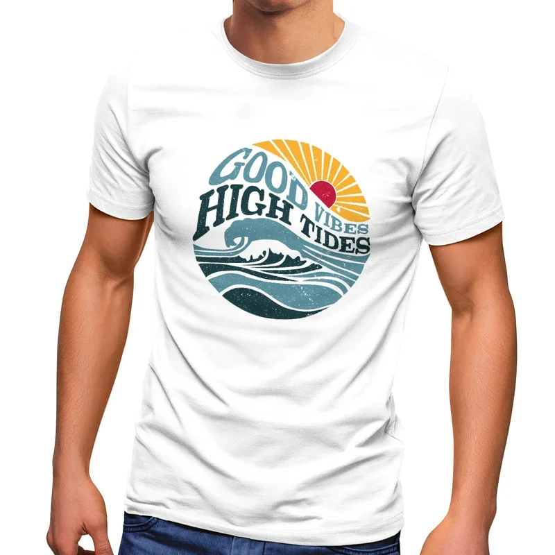 Herren T-Shirt Welle Sonne Meer Retro Print Good Vibes High Tides Fashion Streetstyle