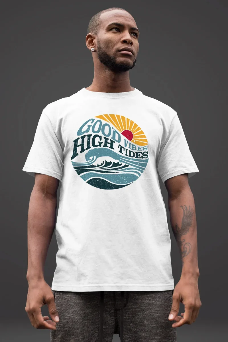 Herren T-Shirt Welle Sonne Meer Retro Print Good Vibes High Tides Fashion Streetstyle