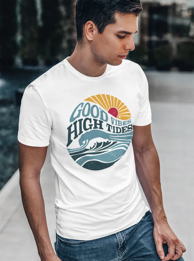 Herren T-Shirt Welle Sonne Meer Retro Print Good Vibes High Tides Fashion Streetstyle