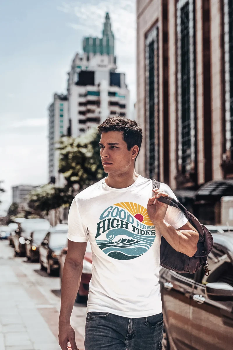 Herren T-Shirt Welle Sonne Meer Retro Print Good Vibes High Tides Fashion Streetstyle