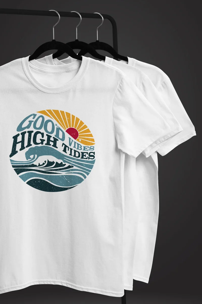 Herren T-Shirt Welle Sonne Meer Retro Print Good Vibes High Tides Fashion Streetstyle