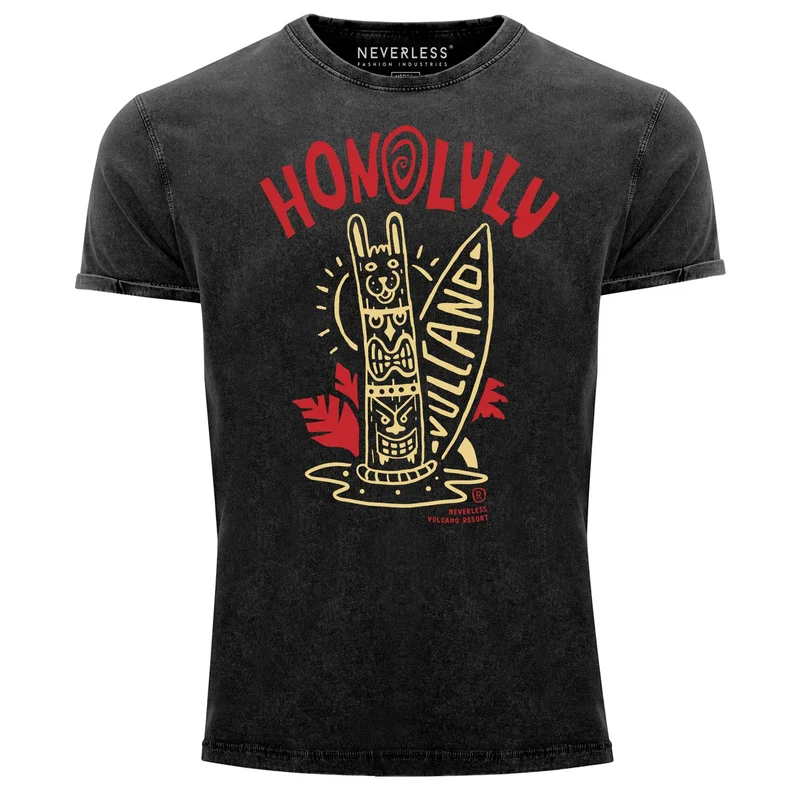Herren Vintage Shirt Herren Tank-Top Honolulu Tiki Totem Maske Surfbrett Surfen Printshirt T-Shirt Aufdruck Used Look