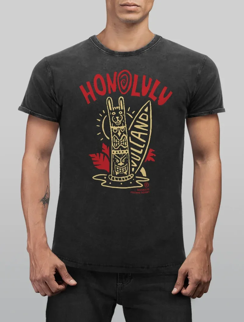 Herren Vintage Shirt Herren Tank-Top Honolulu Tiki Totem Maske Surfbrett Surfen Printshirt T-Shirt Aufdruck Used Look