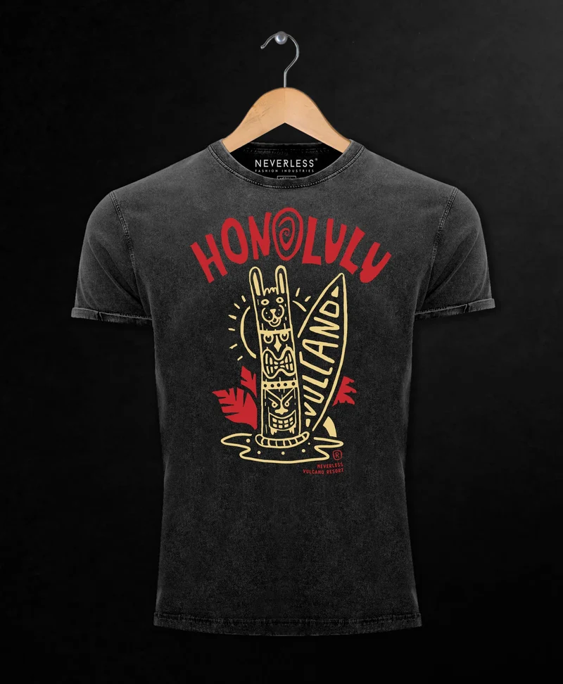 Herren Vintage Shirt Herren Tank-Top Honolulu Tiki Totem Maske Surfbrett Surfen Printshirt T-Shirt Aufdruck Used Look