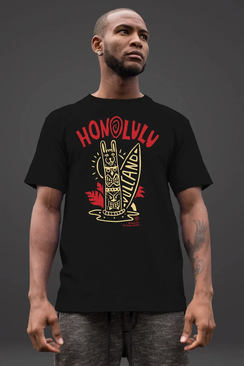 Herren T-Shirt Honolulu Tiki Totem Maske Surfbrett Surfen Fashion Streetstyle