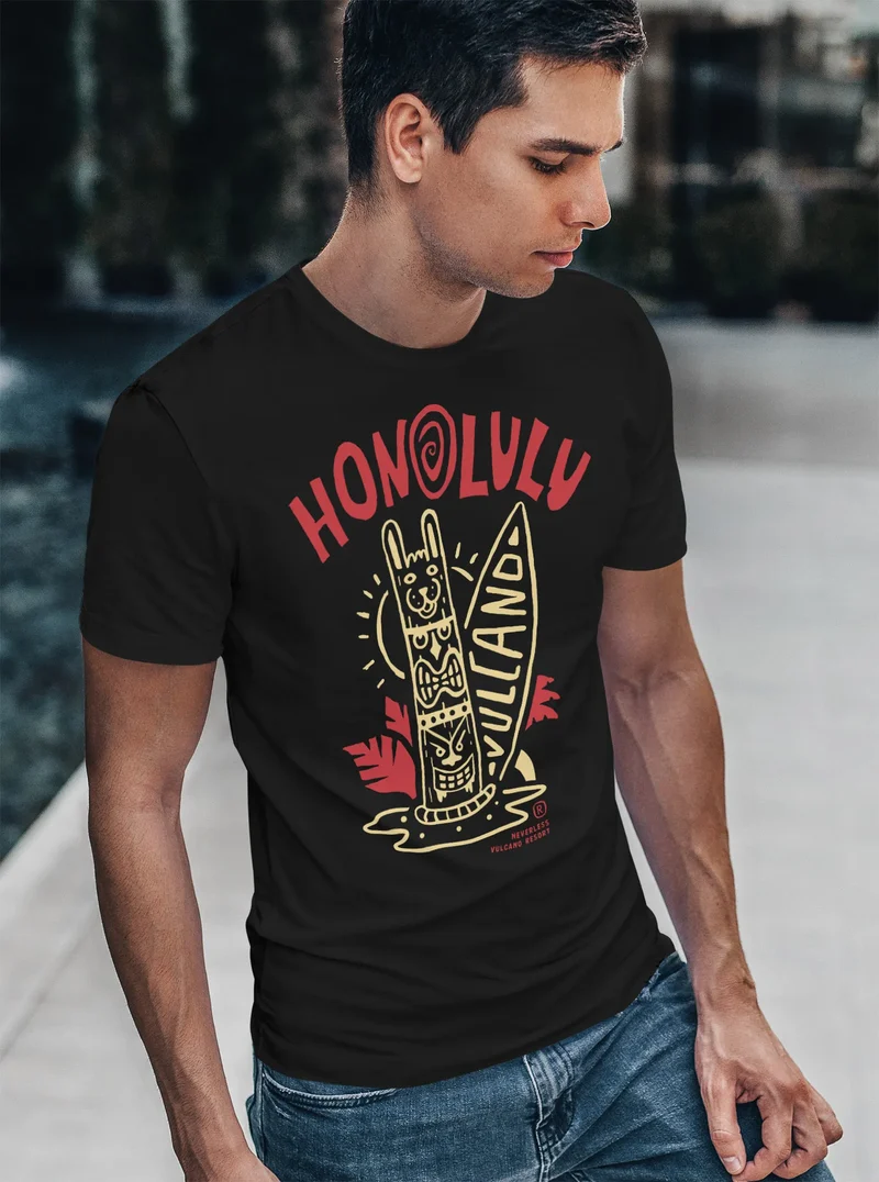 Herren T-Shirt Honolulu Tiki Totem Maske Surfbrett Surfen Fashion Streetstyle