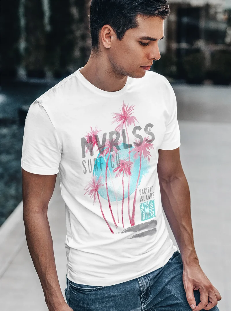 Herren T-Shirt Palmen Sommer Strand Surfing Surf Pacific Island Aufdruck Print Fashion Streetstyle