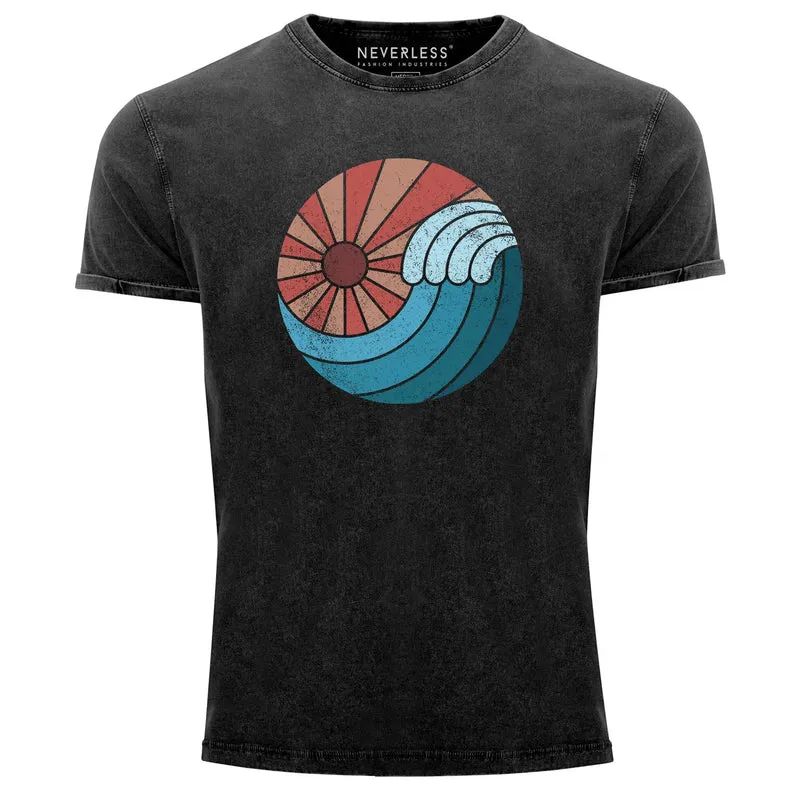 Herren Vintage Shirt Welle Wave Sonne Sommer Retro Printshirt T-Shirt Aufdruck Used Look