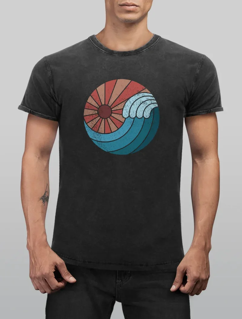 Herren Vintage Shirt Welle Wave Sonne Sommer Retro Printshirt T-Shirt Aufdruck Used Look