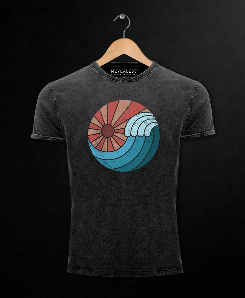 Herren Vintage Shirt Welle Wave Sonne Sommer Retro Printshirt T-Shirt Aufdruck Used Look