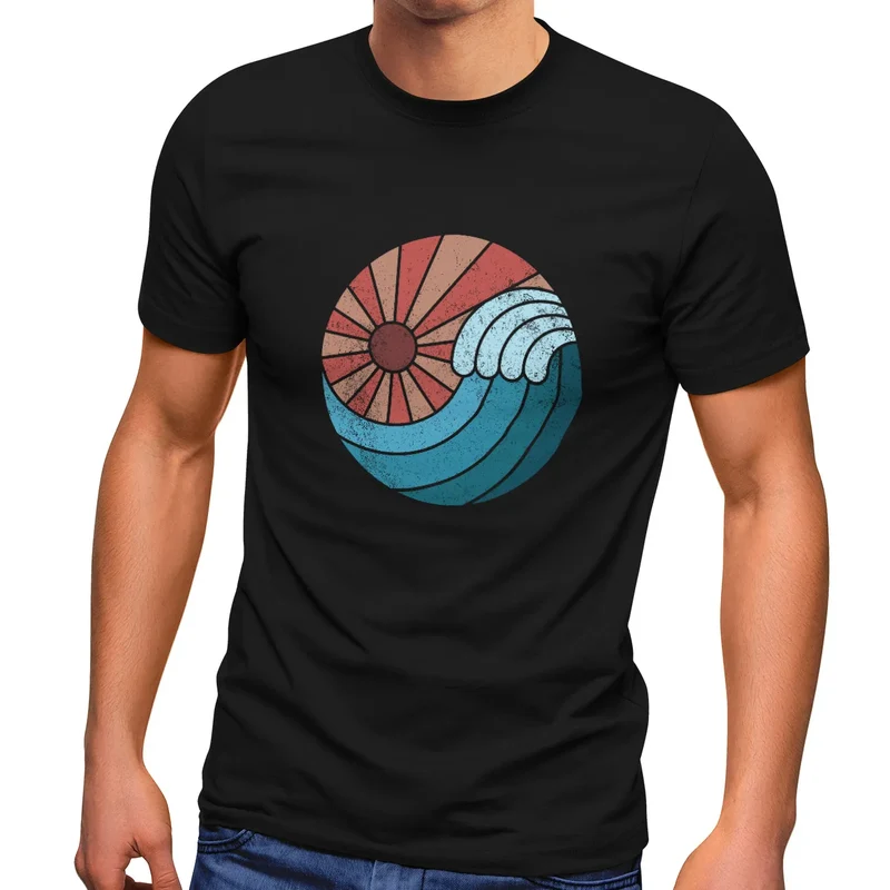 Herren T-Shirt Welle Wave Sonne Sommer Retro Vintage Printshirt Fashion Streetstyle