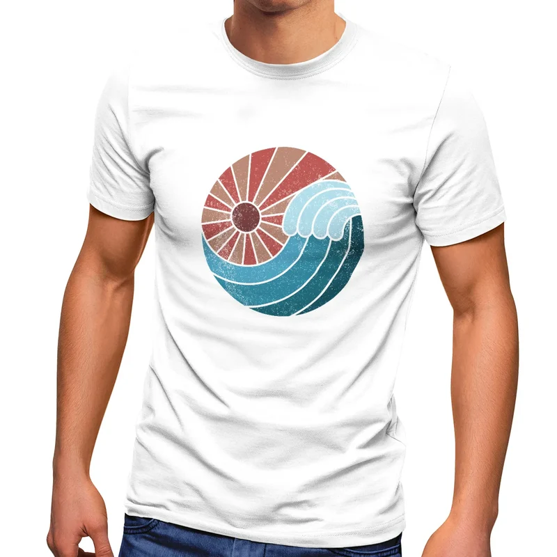 Herren T-Shirt Welle Wave Sonne Sommer Retro Vintage Printshirt Fashion Streetstyle