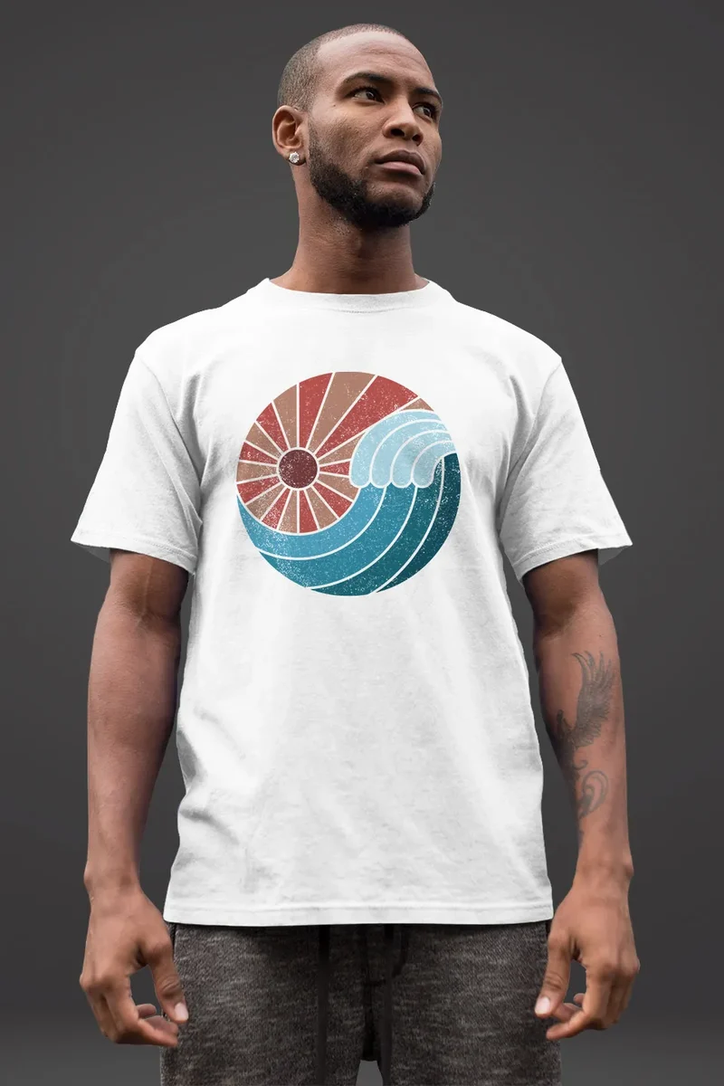 Herren T-Shirt Welle Wave Sonne Sommer Retro Vintage Printshirt Fashion Streetstyle