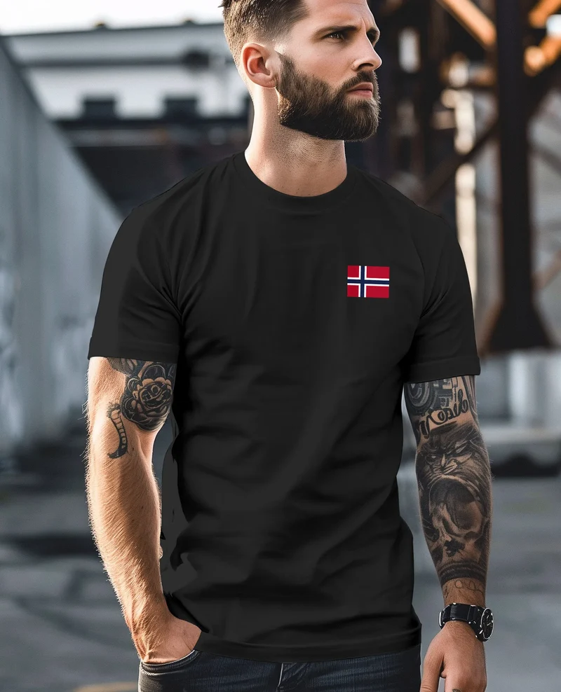 Herren T-Shirt mit Norwegen Flagge Kurzarm Shirt mit Brustlogo Skandinavisches Design Shirt für Alltag und Reise