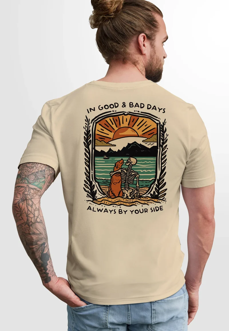Backprint TShirt Herren Hund Freundschaft Motiv Aufdruck Printshirt Outdoor Fashion