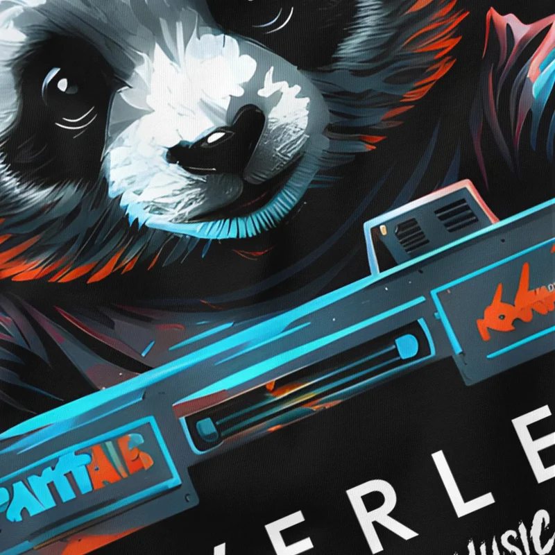 Herren T-Shirt Panda Bär Aufdruck Tiermotiv Musik Techo Print Fashion Streetstyle