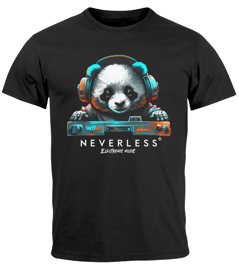 Herren T-Shirt Panda Bär Aufdruck Tiermotiv Musik Techo Print Fashion Streetstyle