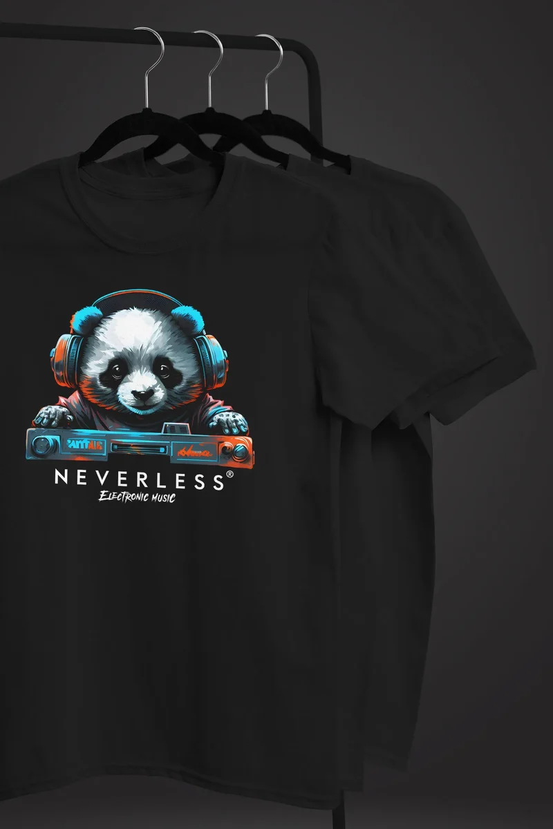 Herren T-Shirt Panda Bär Aufdruck Tiermotiv Musik Techo Print Fashion Streetstyle