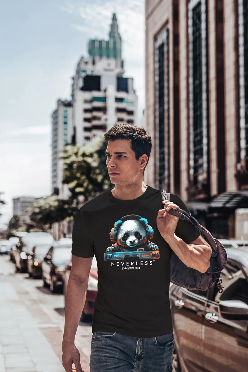 Herren T-Shirt Panda Bär Aufdruck Tiermotiv Musik Techo Print Fashion Streetstyle
