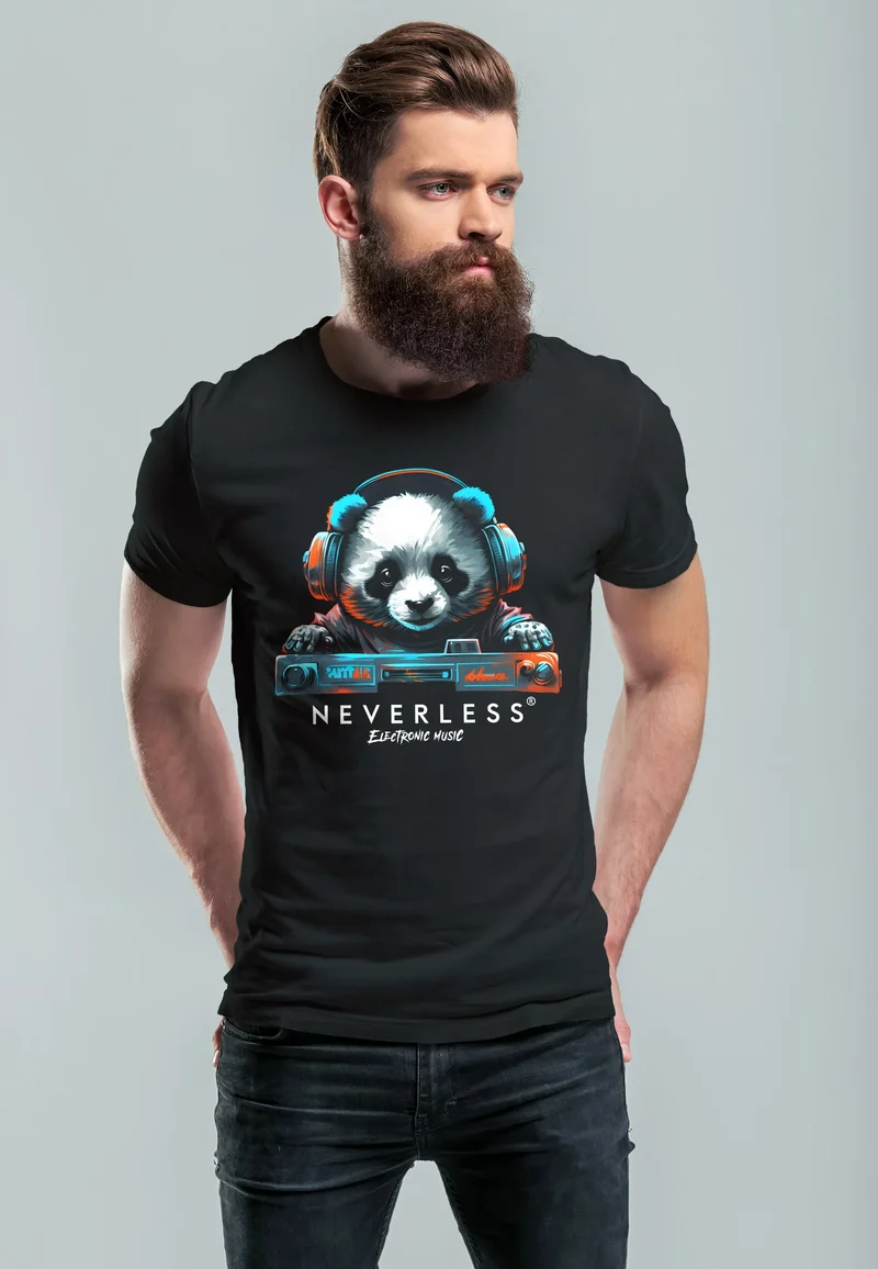 Herren T-Shirt Panda Bär Aufdruck Tiermotiv Musik Techo Print Fashion Streetstyle