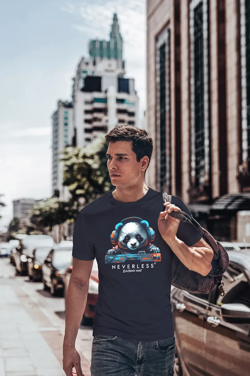 Herren T-Shirt Panda Bär Aufdruck Tiermotiv Musik Techo Print Fashion Streetstyle