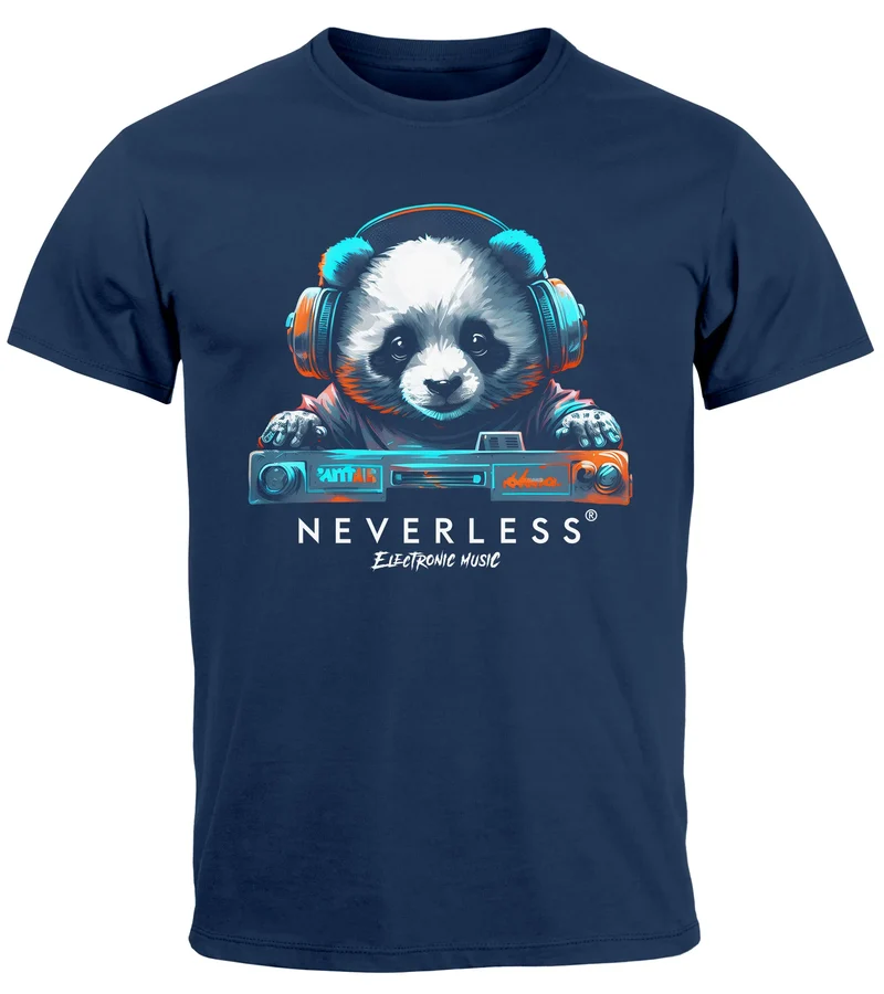 Herren T-Shirt Panda Bär Aufdruck Tiermotiv Musik Techo Print Fashion Streetstyle