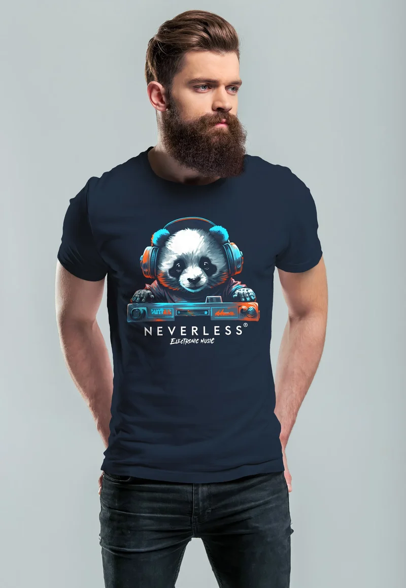 Herren T-Shirt Panda Bär Aufdruck Tiermotiv Musik Techo Print Fashion Streetstyle