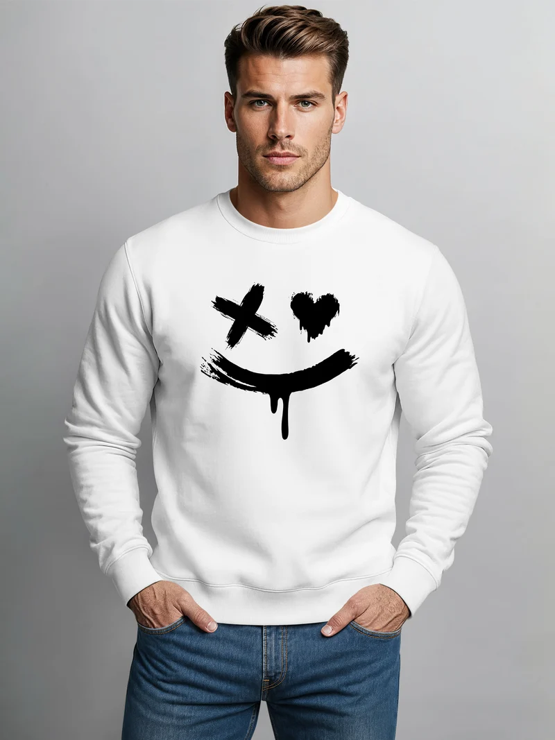Sweatshirt Herren mit Aufdruck Motiv Smile Print Rundhals-Pullover Fashion Streetwear