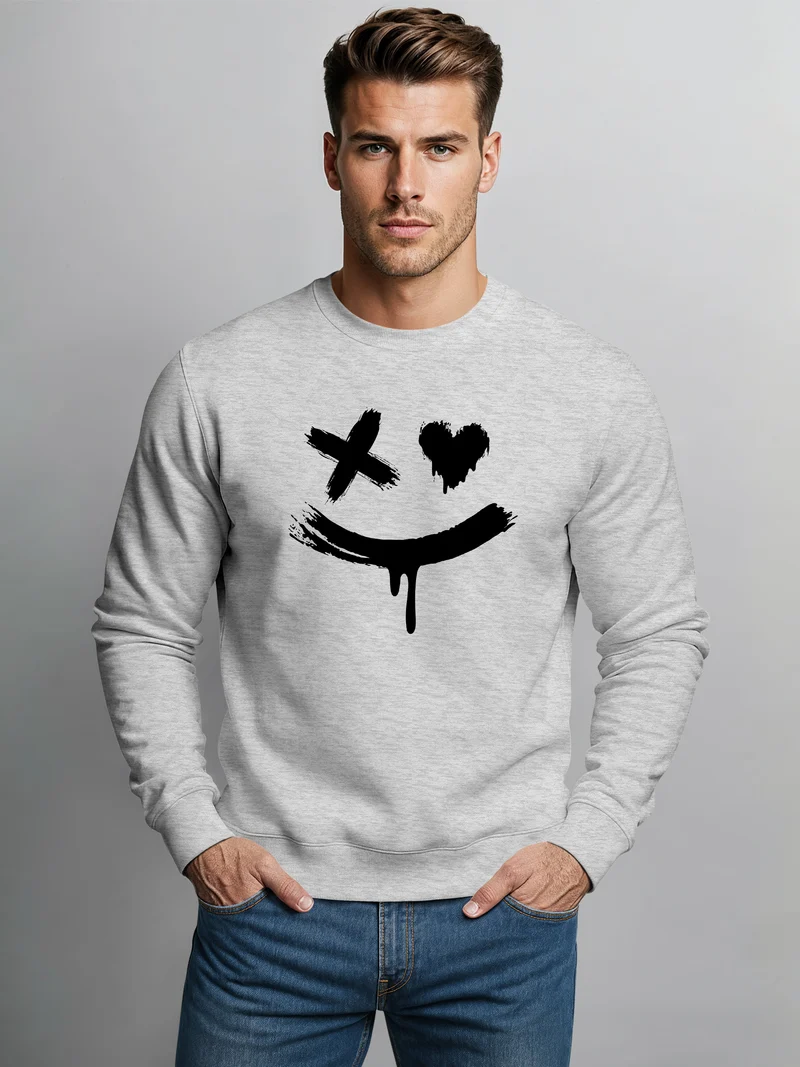Sweatshirt Herren mit Aufdruck Motiv Smile Print Rundhals-Pullover Fashion Streetwear