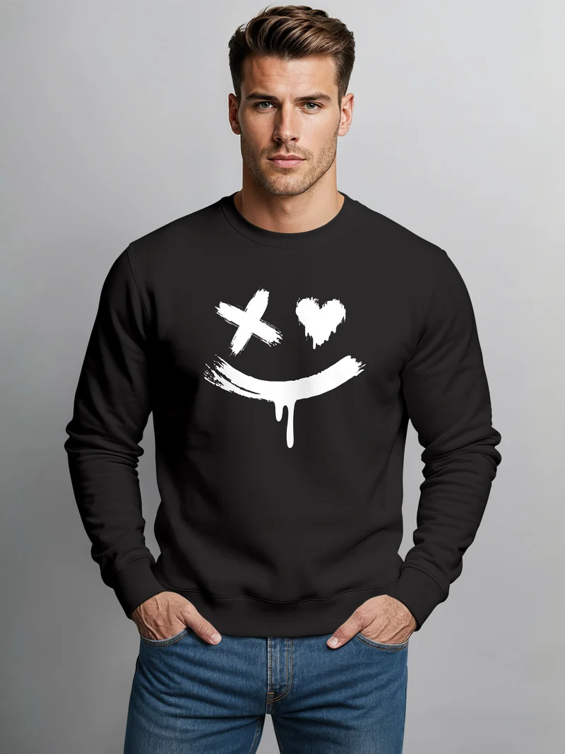 Sweatshirt Herren mit Aufdruck Motiv Smile Print Rundhals-Pullover Fashion Streetwear