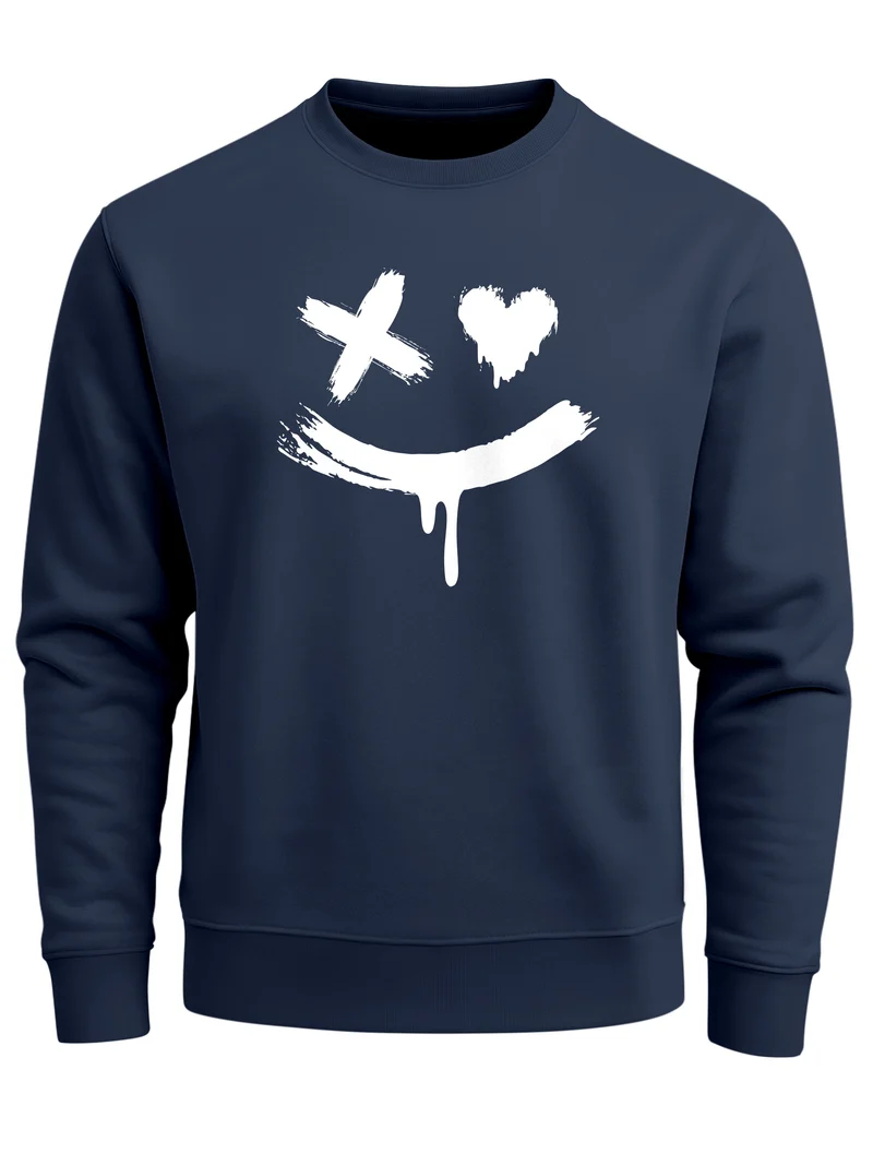 Sweatshirt Herren mit Aufdruck Motiv Smile Print Rundhals-Pullover Fashion Streetwear