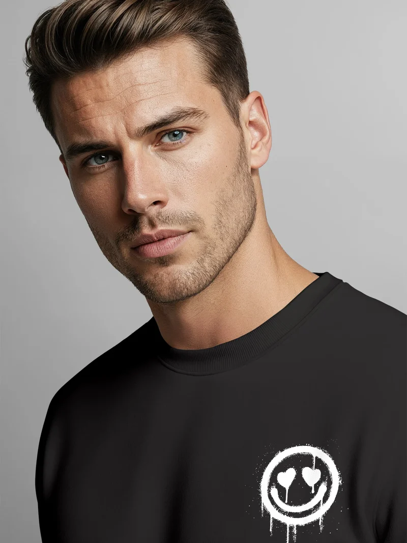 Sweatshirt Herren Motiv Drip Face Drippy Smile Herz-Augen Lächeln Graffiti Rundhals-Pullover Streetwear