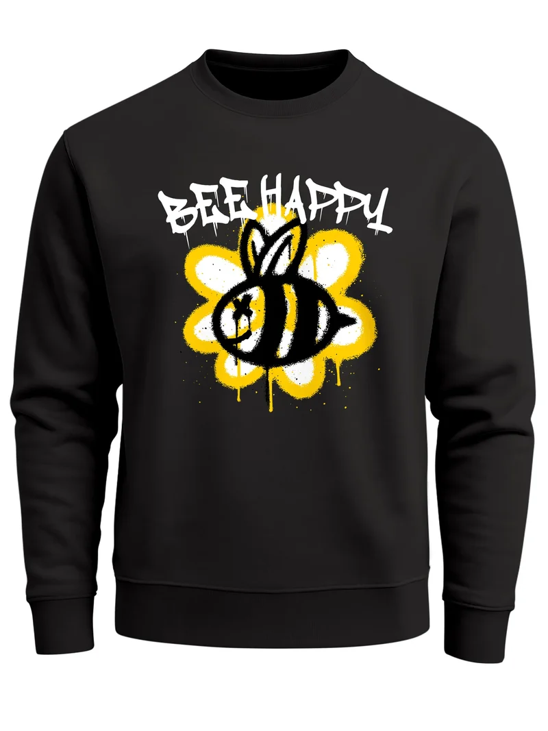 Sweatshirt Aufdruck Bee Happy Biene Blume Graffiti Grafik Schriftzug Rundhals-Pullover Fashion Streetstyle