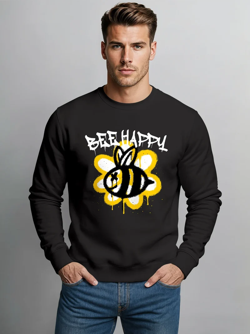 Sweatshirt Aufdruck Bee Happy Biene Blume Graffiti Grafik Schriftzug Rundhals-Pullover Fashion Streetstyle