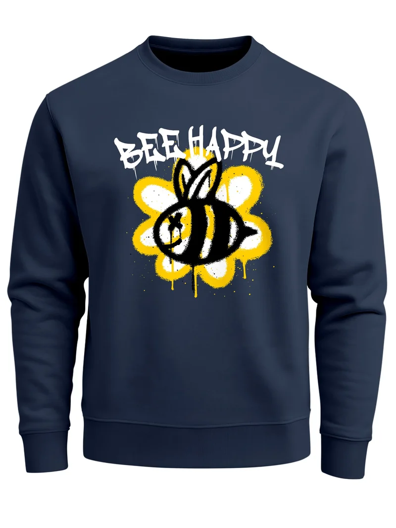 Sweatshirt Aufdruck Bee Happy Biene Blume Graffiti Grafik Schriftzug Rundhals-Pullover Fashion Streetstyle