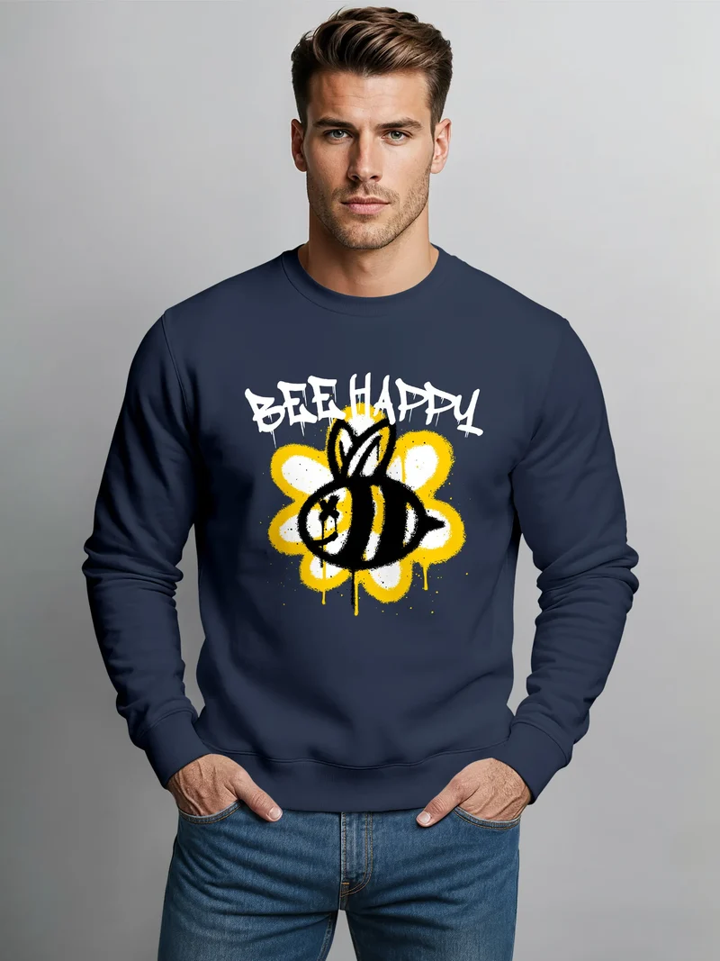 Sweatshirt Aufdruck Bee Happy Biene Blume Graffiti Grafik Schriftzug Rundhals-Pullover Fashion Streetstyle