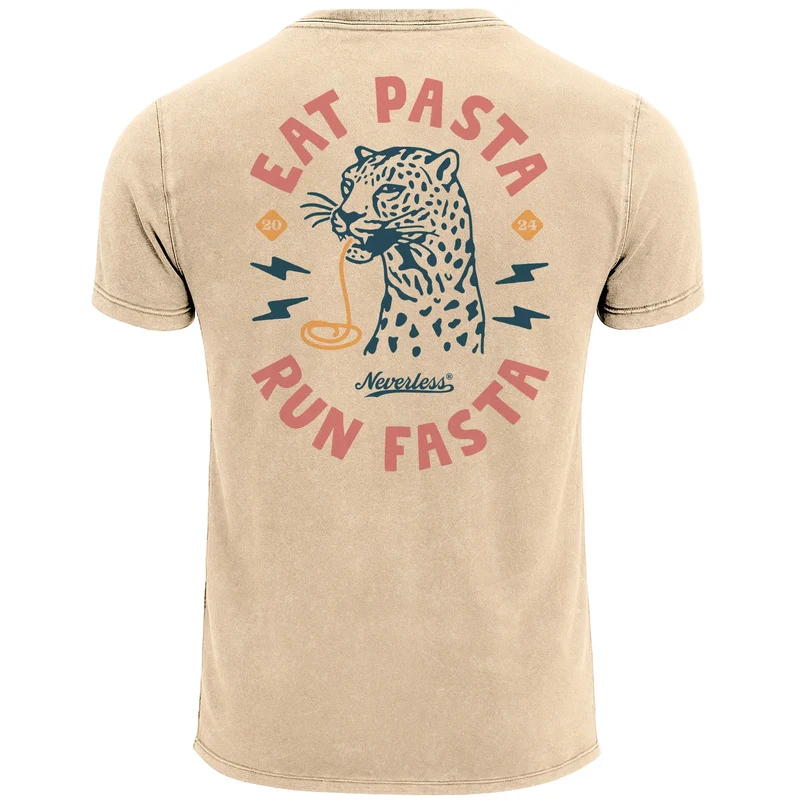 Herren Vintage T-Shirt Backprint Eat Pasta Run Fasta Leopard Grafikshirt Printshirt Aufdruck Used Look Fashion Männer