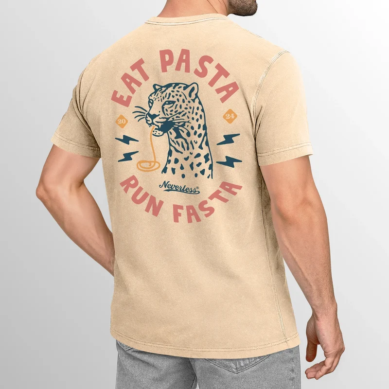 Herren Vintage T-Shirt Backprint Eat Pasta Run Fasta Leopard Grafikshirt Printshirt Aufdruck Used Look Fashion Männer