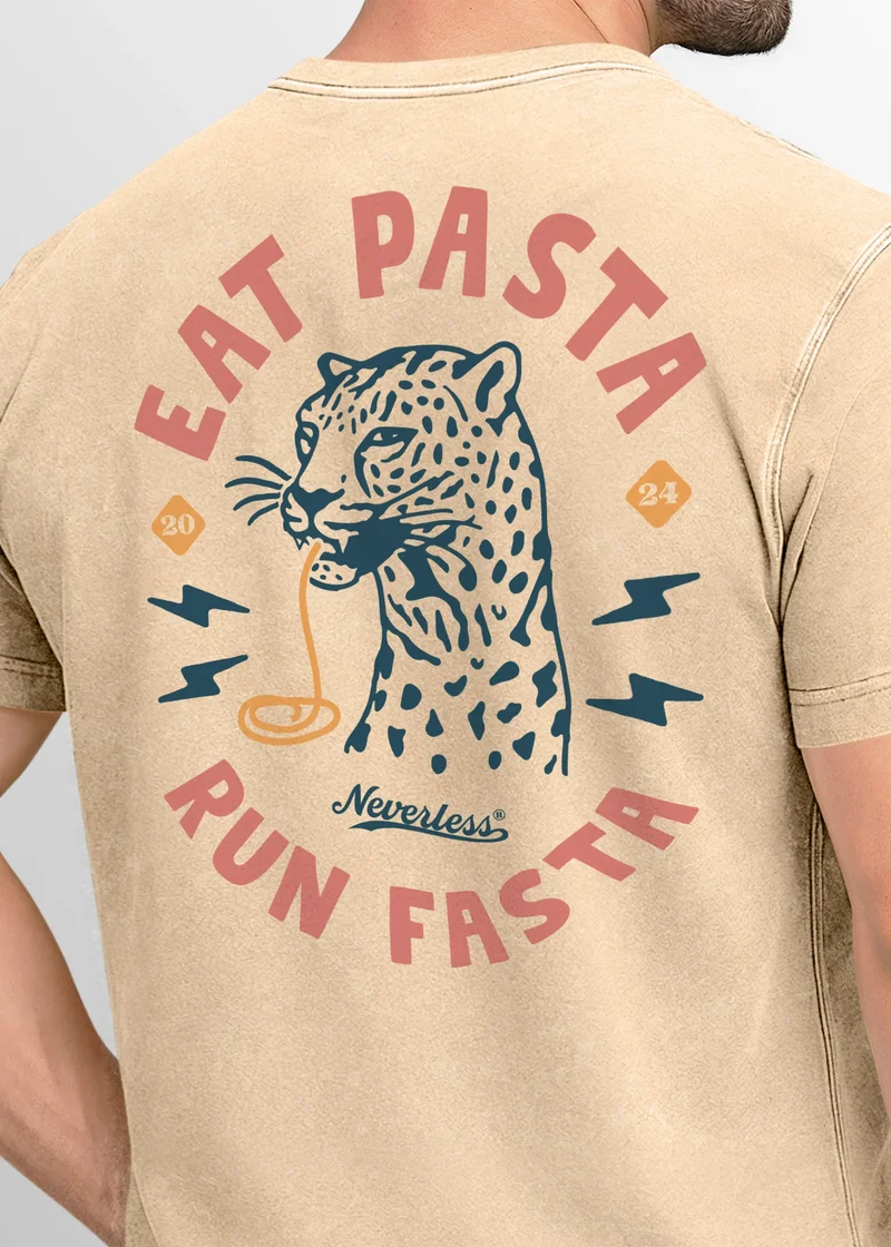 Herren Vintage T-Shirt Backprint Eat Pasta Run Fasta Leopard Grafikshirt Printshirt Aufdruck Used Look Fashion Männer