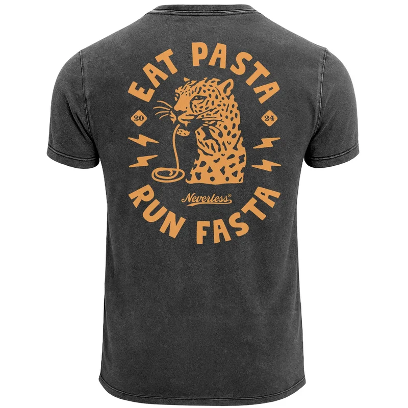 Herren Vintage T-Shirt Backprint Eat Pasta Run Fasta Leopard Grafikshirt Printshirt Aufdruck Used Look Fashion Männer