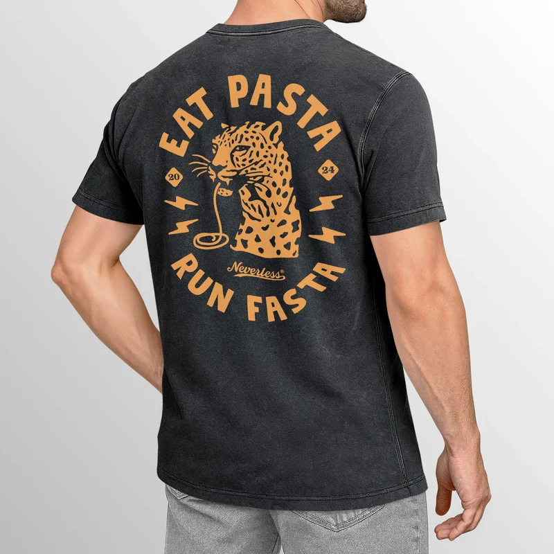 Herren Vintage T-Shirt Backprint Eat Pasta Run Fasta Leopard Grafikshirt Printshirt Aufdruck Used Look Fashion Männer