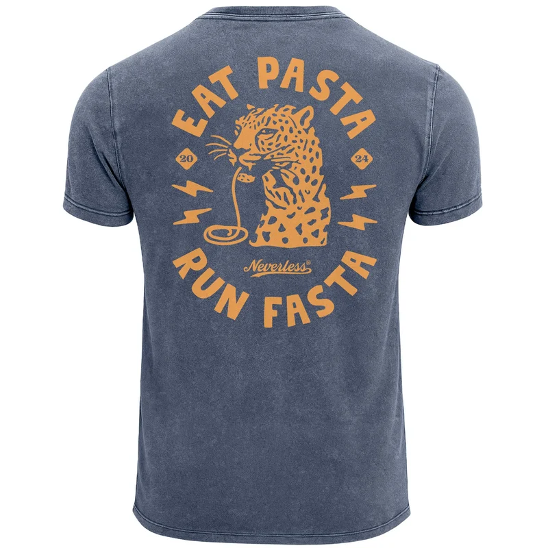 Herren Vintage T-Shirt Backprint Eat Pasta Run Fasta Leopard Grafikshirt Printshirt Aufdruck Used Look Fashion Männer