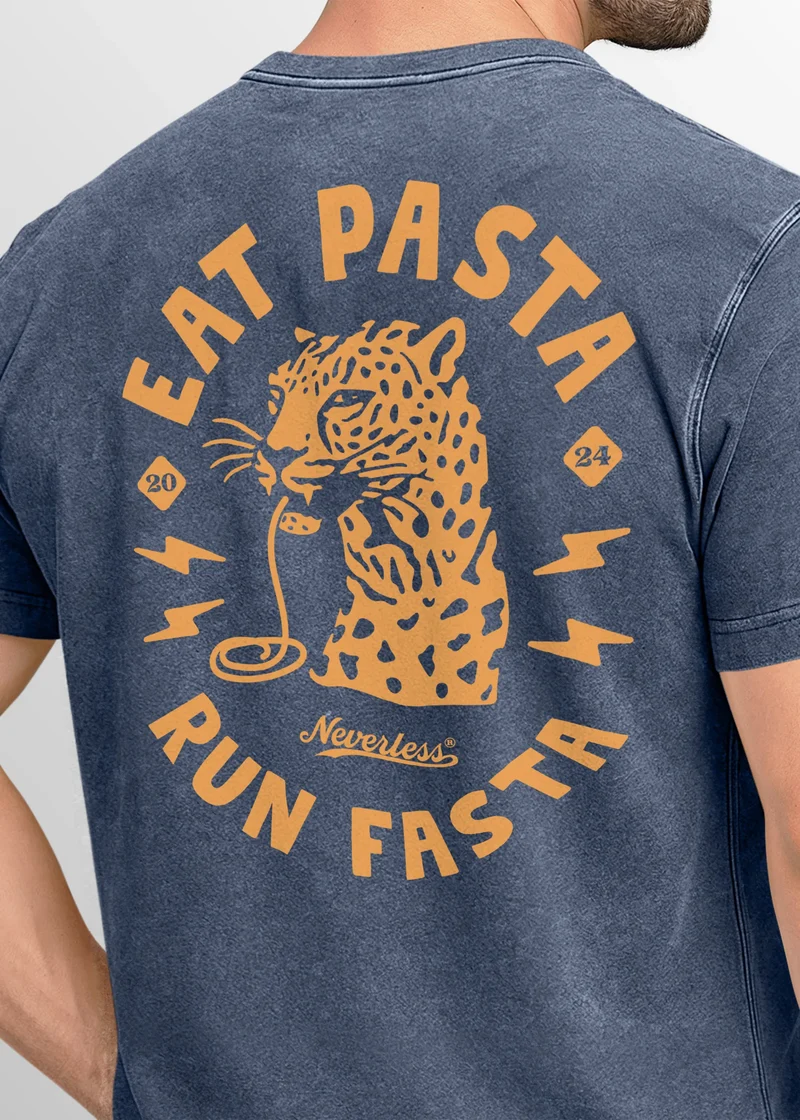 Herren Vintage T-Shirt Backprint Eat Pasta Run Fasta Leopard Grafikshirt Printshirt Aufdruck Used Look Fashion Männer