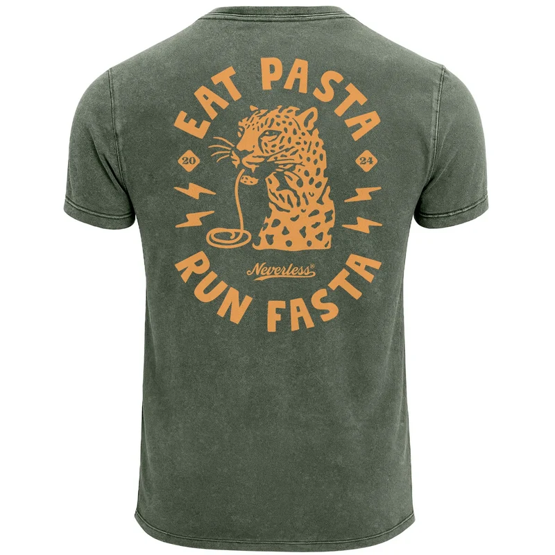 Herren Vintage T-Shirt Backprint Eat Pasta Run Fasta Leopard Grafikshirt Printshirt Aufdruck Used Look Fashion Männer