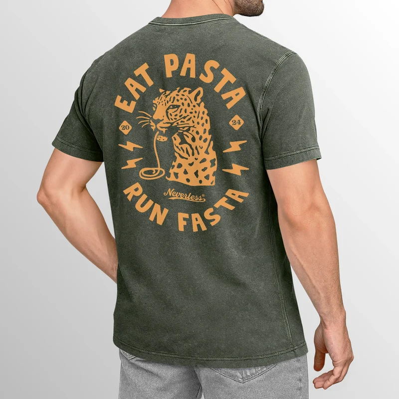 Herren Vintage T-Shirt Backprint Eat Pasta Run Fasta Leopard Grafikshirt Printshirt Aufdruck Used Look Fashion Männer